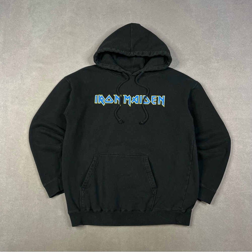 Vintage Black Iron Maiden Hoodie with Blue and Yellow Logo